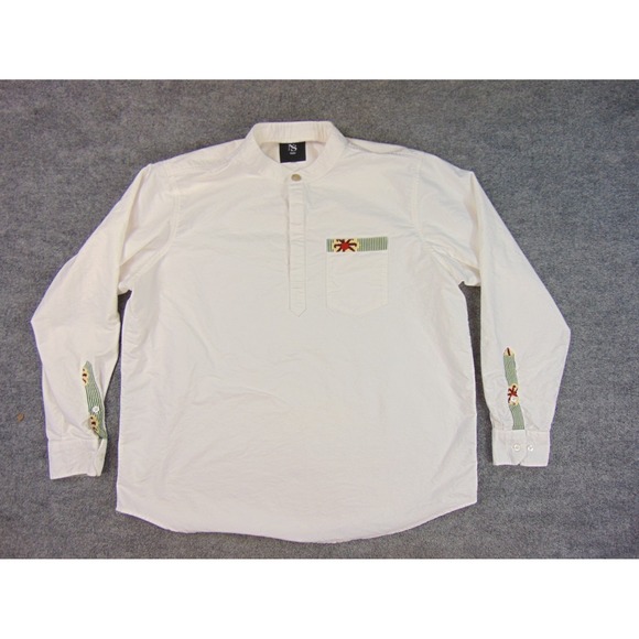 NaSo Shirt Mens XL White Band Collar Pullover Embroidered Trim Boho Casual - Picture 2 of 8